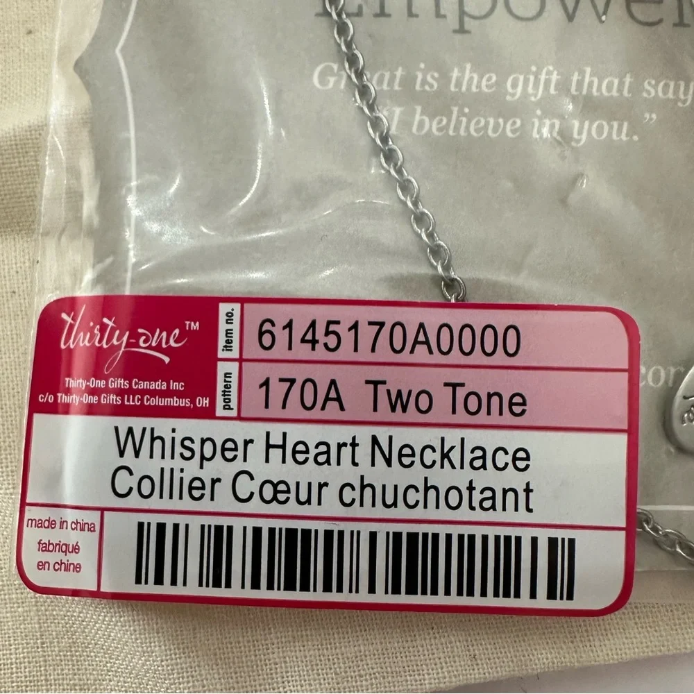JK by Thirty-one Whisper Heart Necklace & Gift Bag Two Tone 18” Gold Silver